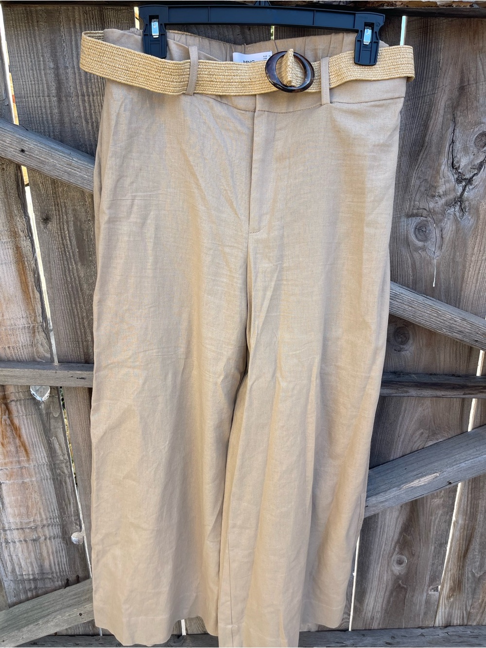 Mango Beige Wide-Leg Linen Blend Woven Belt with Tortoiseshell Buckle Spring 8